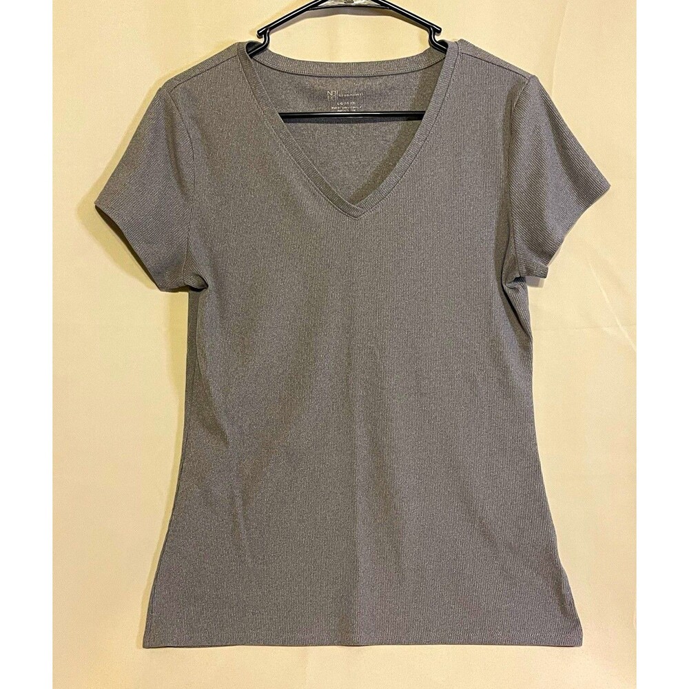 No Boundaries Gray Ribbed Knit V-Neck Short Sleeve Stretch T-Shirt Women L